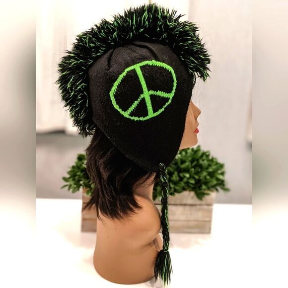 Neon Peace Sign Mohawk Knit Beanie Trapper Hat with Earflaps and Braided Tassels - Picture 3 of 7